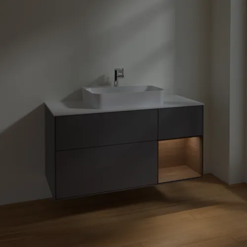 VILLEROY BOCH Toaletní skříňka Finion, s osvětlením, 3 výsuvy, 1200 x 603 x 501 mm, antracit matný lak / ořechová dýha / sklo bílé matné #F421GNGK, obrázek 5