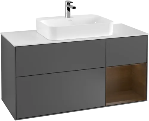 VILLEROY BOCH Toaletní skříňka Finion, s osvětlením, 3 výsuvy, 1200 x 603 x 501 mm, antracit matný lak / ořechová dýha / sklo bílé matné #F421GNGK, obrázek 1
