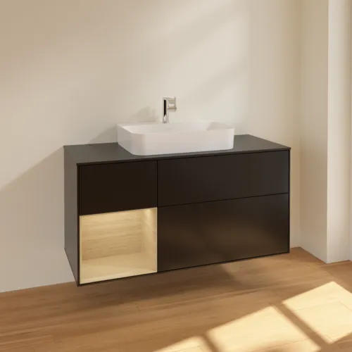 VILLEROY BOCH Toaletní skříňka Finion, s osvětlením, 3 výsuvy, 1200 x 603 x 501 mm, černý matný lak / dubová dýha / černé matné sklo #F412PCPD, obrázek 2