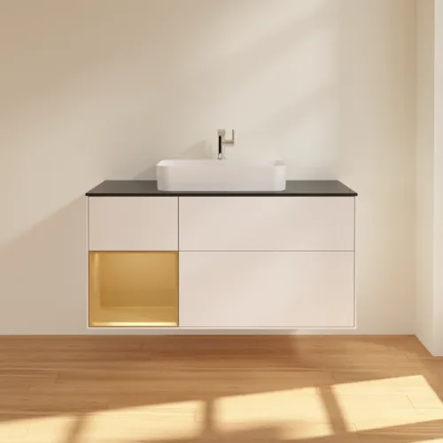 VILLEROY BOCH Toaletní skříňka Finion, s osvětlením, 3 výsuvy, 1200 x 603 x 501 mm, bílý matný lak / zlatý matný lak / černé matné sklo #F412HFMT, obrázek 3