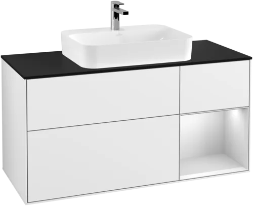 VILLEROY BOCH Toaletní skříňka Finion, s osvětlením, 3 výsuvy, 1200 x 603 x 501 mm, lesklý bílý lak / bílý matný lak / sklo černé matné #F422MTGF