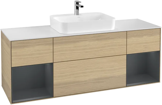VILLEROY BOCH Toaletní skříňka Finion, s osvětlením, 4 výsuvy, 1600 x 603 x 501 mm, dubová dýha / půlnočně modrý matný lak / bílé matné sklo #F451HGPC, obrázek 1