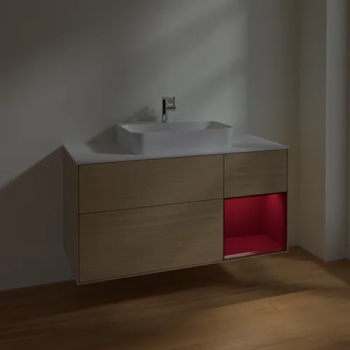 VILLEROY BOCH Toaletní skříňka Finion, s osvětlením, 3 výsuvy, 1200 x 603 x 501 mm, dubová dýha / matný lak Pivoňka / matné bílé sklo #F421HBPC, obrázek 5