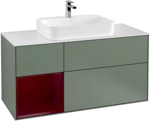 VILLEROY BOCH Toaletní skříňka Finion, s osvětlením, 3 výsuvy, 1200 x 603 x 501 mm, olivový matný lak / pivoňkový matný lak / bílé matné sklo #F411HBGM, obrázek 1