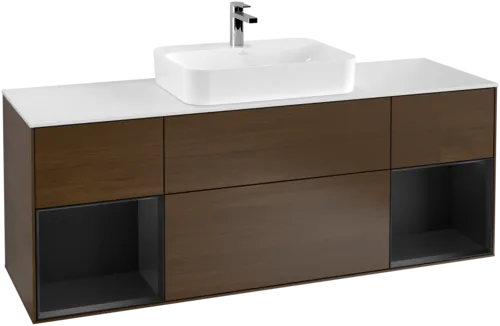 VILLEROY BOCH Toaletní skříňka Finion, s osvětlením, 4 výsuvy, 1600 x 603 x 501 mm, ořechová dýha / černý matný lak / sklo bílé matné #F451PDGN, obrázek 1