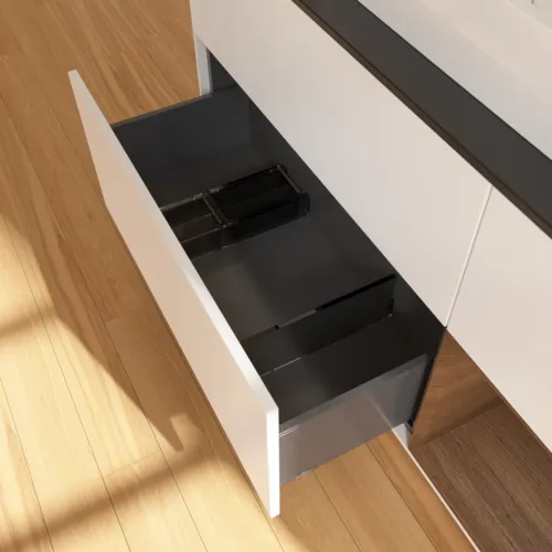 VILLEROY BOCH Toaletní skříňka Finion, s osvětlením, 3 výsuvy, 1200 x 603 x 501 mm, bílý matný lak / ořechová dýha / černé matné sklo #F422GNMT, obrázek 7