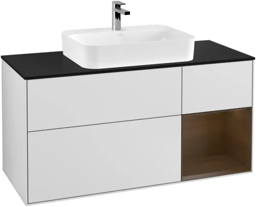 VILLEROY BOCH Toaletní skříňka Finion, s osvětlením, 3 výsuvy, 1200 x 603 x 501 mm, bílý matný lak / ořechová dýha / černé matné sklo #F422GNMT
