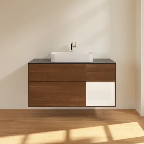 VILLEROY BOCH Toaletní skříňka Finion, s osvětlením, 3 výsuvy, 1200 x 603 x 501 mm, ořechová dýha / bílý matný lak / černé matné sklo #F422MTGN, obrázek 3