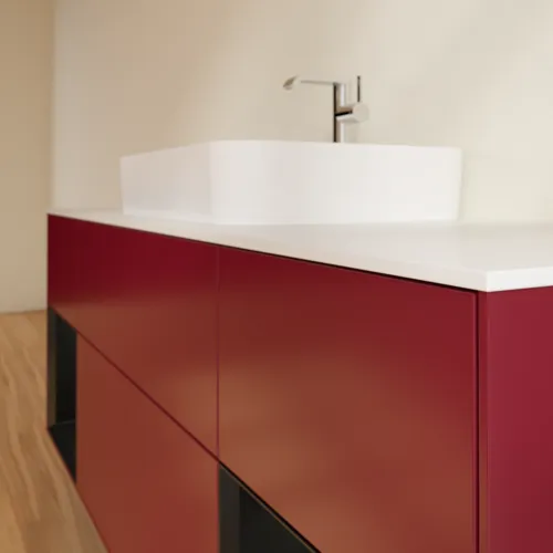 VILLEROY BOCH Toaletní skříňka Finion, s osvětlením, 4 výsuvy, 1600 x 603 x 501 mm, Pivoňka matný lak / Černý matný lak / Sklo bílé matné #F451PDHB, obrázek 3