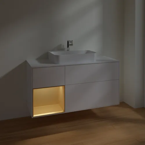 VILLEROY BOCH Toaletní skříňka Finion, s osvětlením, 3 výsuvy, 1200 x 603 x 501 mm, bílý matný lak / zlatý matný lak / bílé matné sklo #F411HFMT, obrázek 5