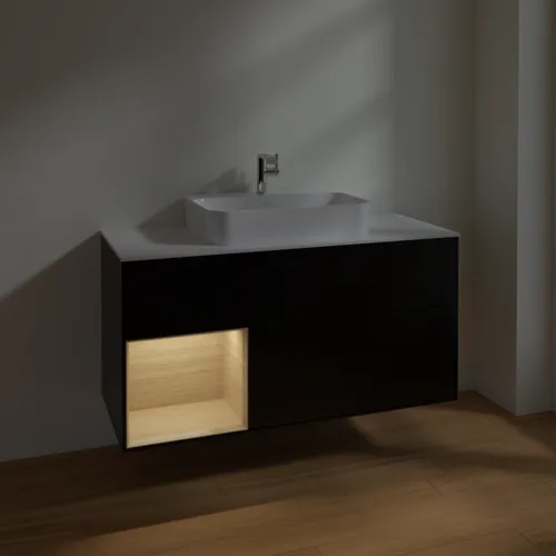 VILLEROY BOCH Toaletní skříňka Finion, s osvětlením, 3 výsuvy, 1200 x 603 x 501 mm, černý matný lak / dubová dýha / sklo bílé matné #F411PCPD, obrázek 5