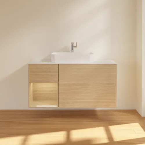 VILLEROY BOCH Toaletní skříňka Finion, s osvětlením, 3 výsuvy, 1200 x 603 x 501 mm, dubová dýha / dubová dýha / sklo bílé matné #F411PCPC, obrázek 3