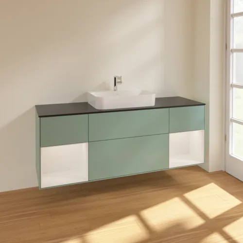 VILLEROY BOCH Toaletní skříňka Finion, s osvětlením, 4 výsuvy, 1600 x 603 x 501 mm, olivový matný lak / lesklý bílý lak / sklo černé matné #F452GFGM, obrázek 2