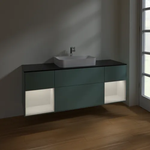 VILLEROY BOCH Toaletní skříňka Finion, s osvětlením, 4 výsuvy, 1600 x 603 x 501 mm, olivový matný lak / lesklý bílý lak / sklo černé matné #F452GFGM, obrázek 5