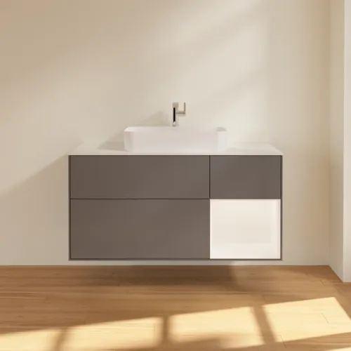 VILLEROY BOCH Toaletní skříňka Finion, s osvětlením, 3 výsuvy, 1200 x 603 x 501 mm, antracitový matný lak / bílý matný lak / bílé matné sklo #F421MTGK, obrázek 4