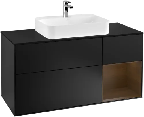 VILLEROY BOCH Toaletní skříňka Finion, s osvětlením, 3 výsuvy, 1200 x 603 x 501 mm, černý matný lak / ořechová dýha / černé matné sklo #F422GNPD