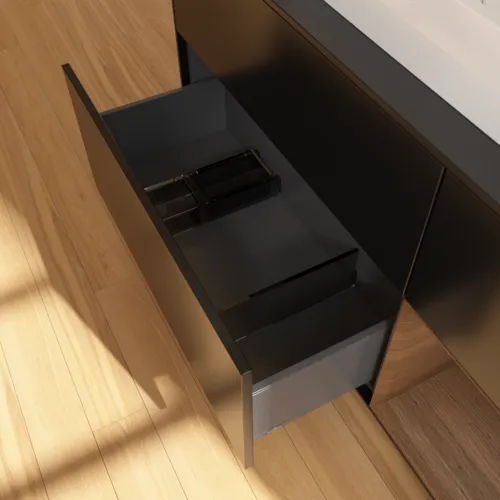 VILLEROY BOCH Toaletní skříňka Finion, s osvětlením, 3 výsuvy, 1200 x 603 x 501 mm, černý matný lak / ořechová dýha / černé matné sklo #F422GNPD, obrázek 7