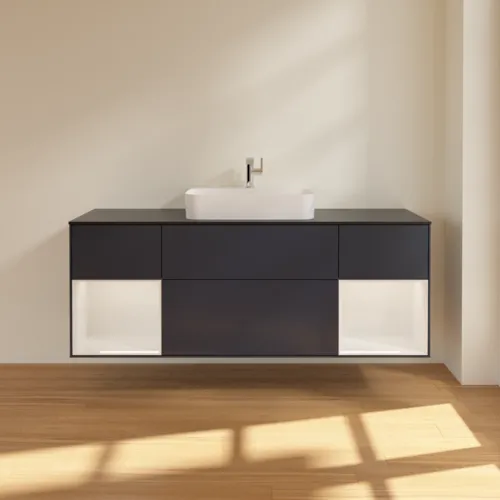 VILLEROY BOCH Toaletní skříňka Finion, s osvětlením, 4 výsuvy, 1600 x 603 x 501 mm, Midnight Blue Matt Lacquer / Glossy White Lacquer / Glass Black Matt #F452GFHG, obrázek 3