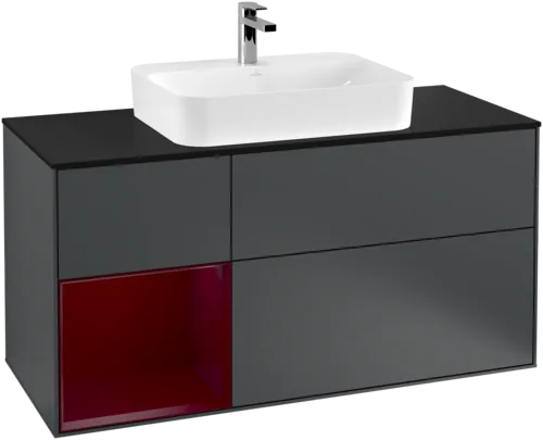 VILLEROY BOCH Toaletní skříňka Finion, s osvětlením, 3 výsuvy, 1200 x 603 x 501 mm, Midnight Blue Matt Lacquer / Peony Matt Lacquer / Glass Black Matt #F412HBHG