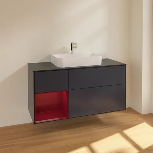 VILLEROY BOCH Toaletní skříňka Finion, s osvětlením, 3 výsuvy, 1200 x 603 x 501 mm, Midnight Blue Matt Lacquer / Peony Matt Lacquer / Glass Black Matt #F412HBHG, obrázek 2