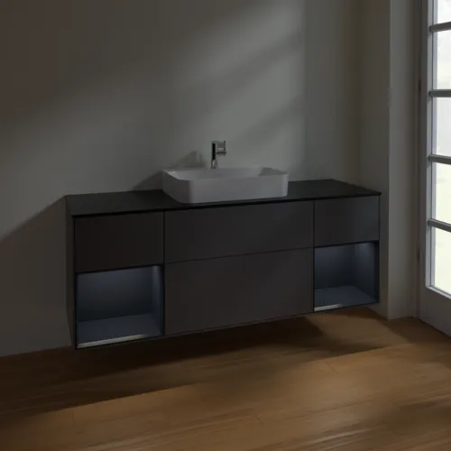 VILLEROY BOCH Toaletní skříňka Finion, s osvětlením, 4 výsuvy, 1600 x 603 x 501 mm, antracitový matný lak / půlnoční modrý matný lak / černé matné sklo #F452HGGK, obrázek 2