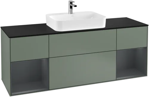 VILLEROY BOCH Toaletní skříňka Finion, s osvětlením, 4 výsuvy, 1600 x 603 x 501 mm, olivový matný lak / půlnoční modrý matný lak / černé matné sklo #F452HGGM