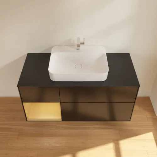 VILLEROY BOCH Toaletní skříňka Finion, s osvětlením, 3 výsuvy, 1200 x 603 x 501 mm, černý matný lak / zlatý matný lak / černé matné sklo #F412HFPD, obrázek 4