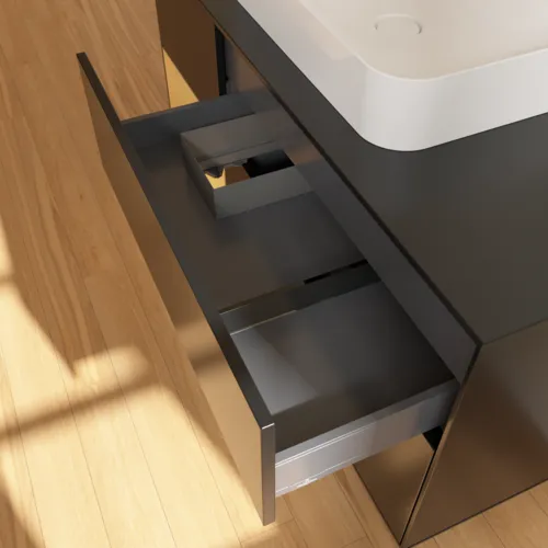 VILLEROY BOCH Toaletní skříňka Finion, s osvětlením, 3 výsuvy, 1200 x 603 x 501 mm, černý matný lak / zlatý matný lak / černé matné sklo #F412HFPD, obrázek 8