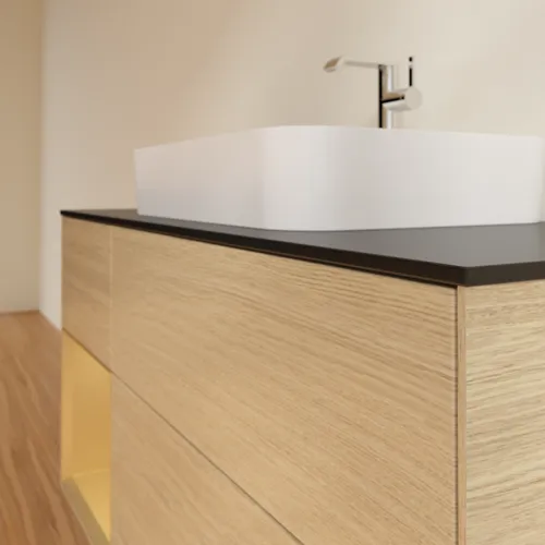 VILLEROY BOCH Toaletní skříňka Finion, s osvětlením, 3 výsuvy, 1200 x 603 x 501 mm, dubová dýha / zlatý matný lak / černé matné sklo #F412HFPC, obrázek 6