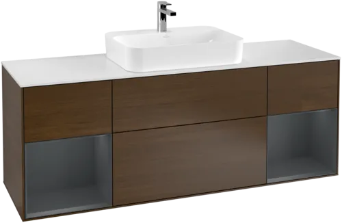 VILLEROY BOCH Toaletní skříňka Finion, s osvětlením, 4 výsuvy, 1600 x 603 x 501 mm, ořechová dýha / půlnočně modrý matný lak / sklo bílé matné #F451HGGN