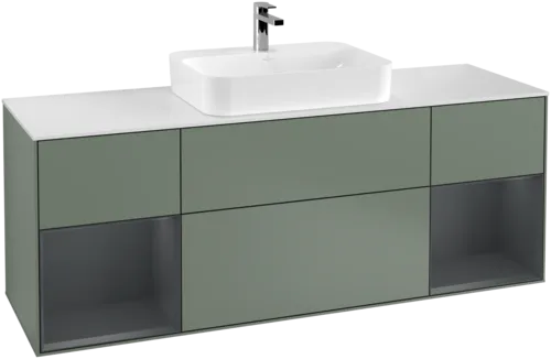 VILLEROY BOCH Toaletní skříňka Finion, s osvětlením, 4 výsuvy, 1600 x 603 x 501 mm, olivový matný lak / půlnoční modrý matný lak / bílé matné sklo #F451HGGM, obrázek 1