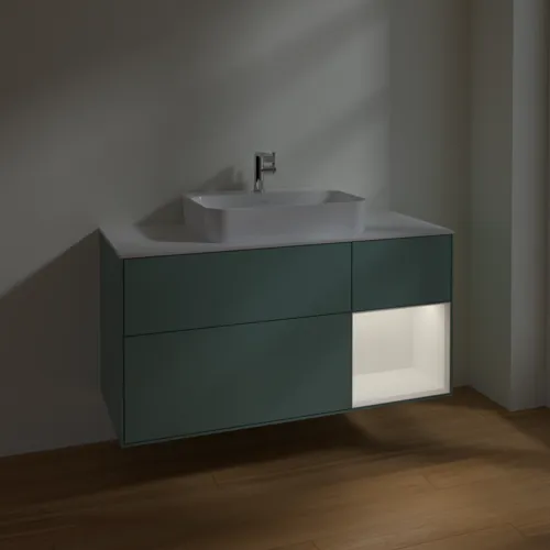 VILLEROY BOCH Toaletní skříňka Finion, s osvětlením, 3 výsuvy, 1200 x 603 x 501 mm, olivový matný lak / bílý matný lak / bílé matné sklo #F421MTGM, obrázek 5