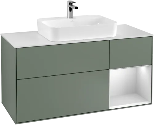 VILLEROY BOCH Toaletní skříňka Finion, s osvětlením, 3 výsuvy, 1200 x 603 x 501 mm, olivový matný lak / bílý matný lak / bílé matné sklo #F421MTGM