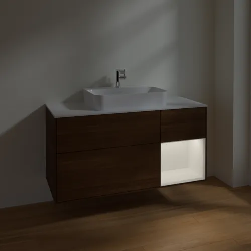 VILLEROY BOCH Toaletní skříňka Finion, s osvětlením, 3 výsuvy, 1200 x 603 x 501 mm, ořechová dýha / bílý matný lak / bílé matné sklo #F421MTGN, obrázek 5
