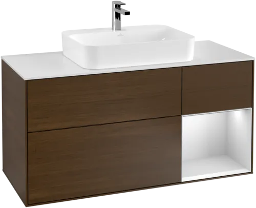 VILLEROY BOCH Toaletní skříňka Finion, s osvětlením, 3 výsuvy, 1200 x 603 x 501 mm, ořechová dýha / bílý matný lak / bílé matné sklo #F421MTGN, obrázek 1
