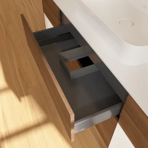 VILLEROY BOCH Toaletní skříňka Finion, s osvětlením, 4 výsuvy, 1600 x 603 x 501 mm, ořechová dýha / lesklý bílý lak / sklo bílé matné #F451GFGN, obrázek 7