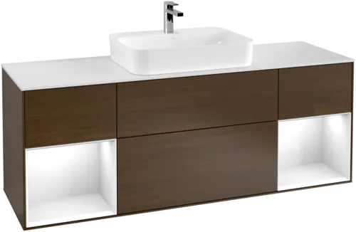 VILLEROY BOCH Toaletní skříňka Finion, s osvětlením, 4 výsuvy, 1600 x 603 x 501 mm, ořechová dýha / lesklý bílý lak / sklo bílé matné #F451GFGN, obrázek 1