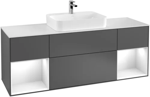 VILLEROY BOCH Toaletní skříňka Finion, s osvětlením, 4 výsuvy, 1600 x 603 x 501 mm, antracit matný lak / lesklý bílý lak / sklo bílé matné #F451GFGK