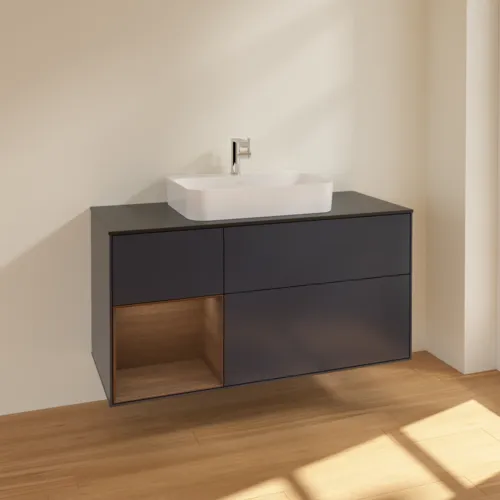 VILLEROY BOCH Toaletní skříňka Finion, s osvětlením, 3 výsuvy, 1200 x 603 x 501 mm, půlnočně modrý matný lak / ořechová dýha / černé matné sklo #F412GNHG, obrázek 2