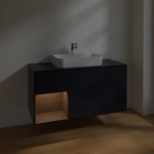 VILLEROY BOCH Toaletní skříňka Finion, s osvětlením, 3 výsuvy, 1200 x 603 x 501 mm, půlnočně modrý matný lak / ořechová dýha / černé matné sklo #F412GNHG, obrázek 5