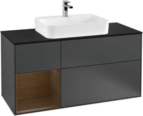 VILLEROY BOCH Toaletní skříňka Finion, s osvětlením, 3 výsuvy, 1200 x 603 x 501 mm, půlnočně modrý matný lak / ořechová dýha / černé matné sklo #F412GNHG