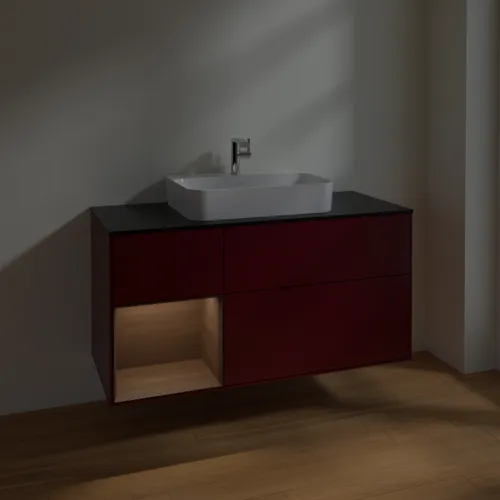 VILLEROY BOCH Toaletní skříňka Finion, s osvětlením, 3 výsuvy, 1200 x 603 x 501 mm, matný lak Peony / ořechová dýha / černé matné sklo #F412GNHB, obrázek 5