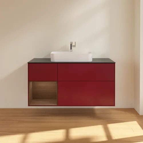 VILLEROY BOCH Toaletní skříňka Finion, s osvětlením, 3 výsuvy, 1200 x 603 x 501 mm, matný lak Peony / ořechová dýha / černé matné sklo #F412GNHB, obrázek 3