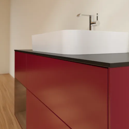 VILLEROY BOCH Toaletní skříňka Finion, s osvětlením, 3 výsuvy, 1200 x 603 x 501 mm, matný lak Peony / ořechová dýha / černé matné sklo #F412GNHB, obrázek 6