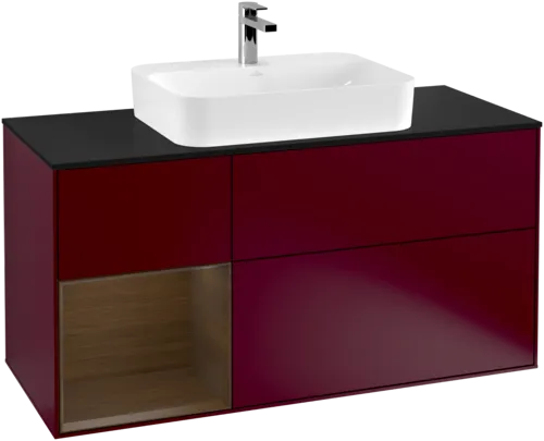 VILLEROY BOCH Toaletní skříňka Finion, s osvětlením, 3 výsuvy, 1200 x 603 x 501 mm, matný lak Peony / ořechová dýha / černé matné sklo #F412GNHB