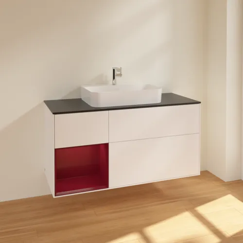 VILLEROY BOCH Toaletní skříňka Finion, s osvětlením, 3 výsuvy, 1200 x 603 x 501 mm, bílý matný lak / pivoňkový matný lak / černé matné sklo #F412HBMT, obrázek 2