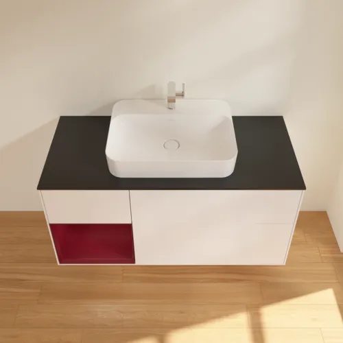 VILLEROY BOCH Toaletní skříňka Finion, s osvětlením, 3 výsuvy, 1200 x 603 x 501 mm, bílý matný lak / pivoňkový matný lak / černé matné sklo #F412HBMT, obrázek 4