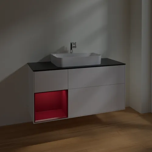 VILLEROY BOCH Toaletní skříňka Finion, s osvětlením, 3 výsuvy, 1200 x 603 x 501 mm, bílý matný lak / pivoňkový matný lak / černé matné sklo #F412HBMT, obrázek 5