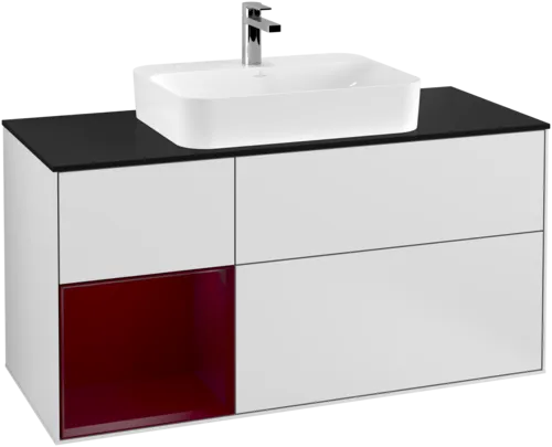 VILLEROY BOCH Toaletní skříňka Finion, s osvětlením, 3 výsuvy, 1200 x 603 x 501 mm, bílý matný lak / pivoňkový matný lak / černé matné sklo #F412HBMT, obrázek 1