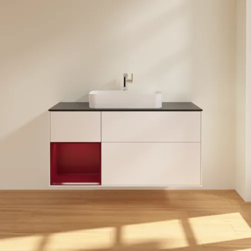 VILLEROY BOCH Toaletní skříňka Finion, s osvětlením, 3 výsuvy, 1200 x 603 x 501 mm, bílý matný lak / pivoňkový matný lak / černé matné sklo #F412HBMT, obrázek 3